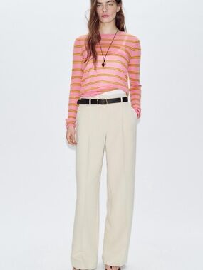 Zara Cream Wide-Leg Trousers with Black Belt